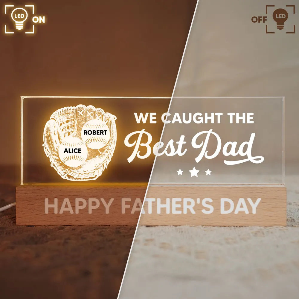 Personalized Block LED Light Plaque, Baseball Glove Best Dad Design, Warm Unique Gift for Dad