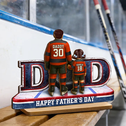 Personalized 2-Layer Wooden Plaque with Hockey Dad and Kid Holding Hands on the Rink - Unique Father's Day Gift