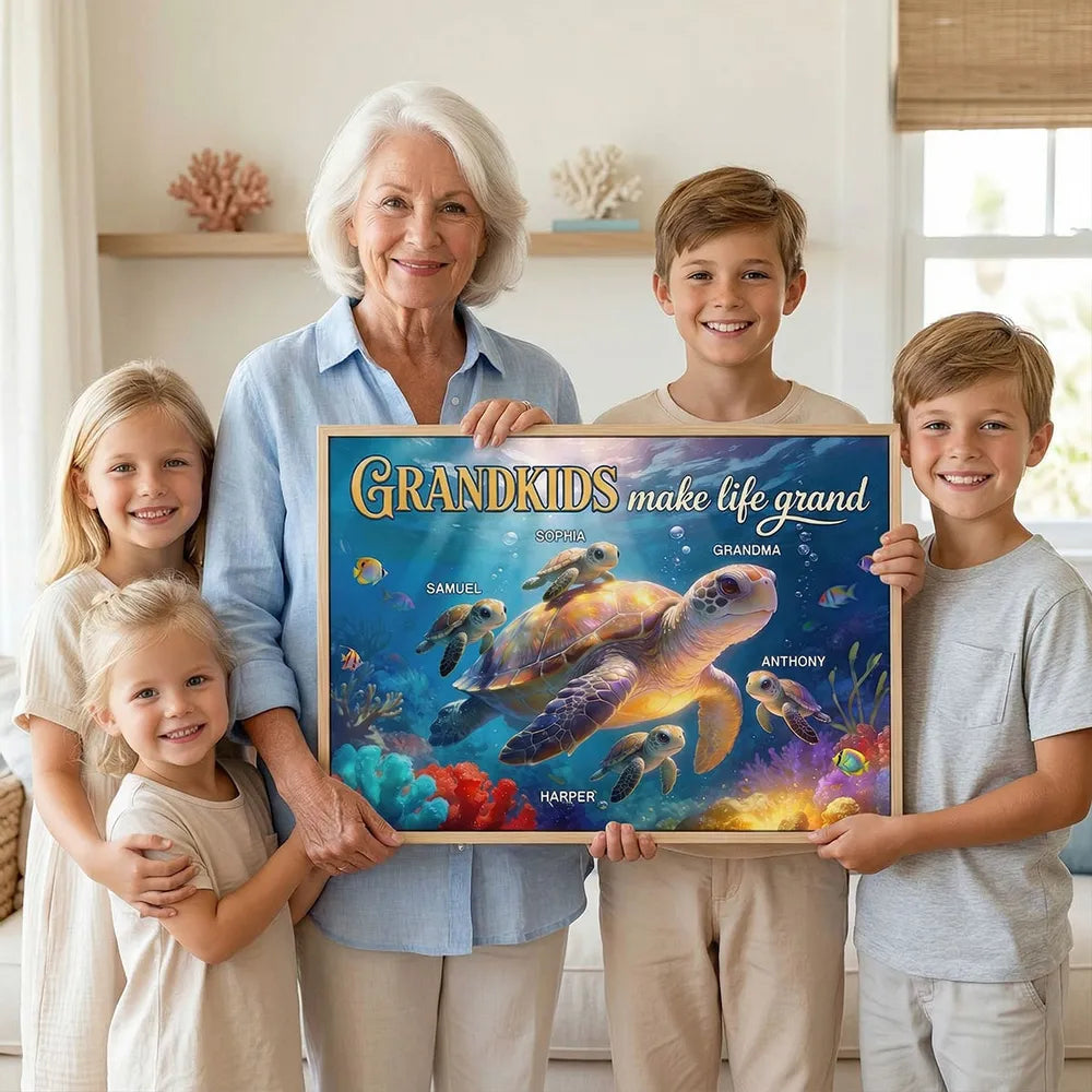 Grandkids Make Life Grand Sea Turtle Poster, Personalized Wall Art for Grandma, Heartwarming Ocean Decor, Creative Gift