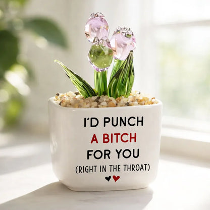 Personalized Square Glass Planter with Pink & Purple Tulips, Arm in Arm Friends, Unique Gift for Best Friend