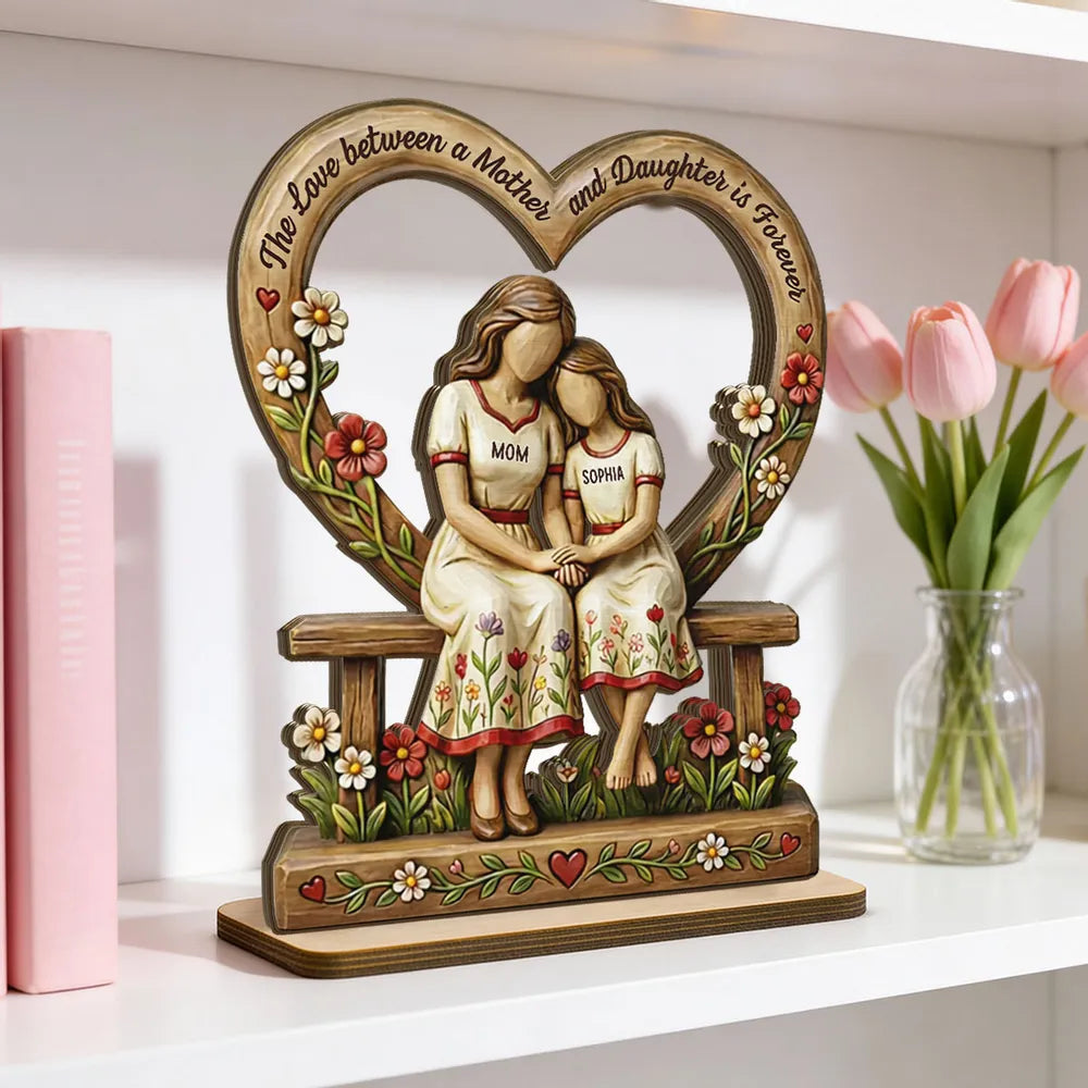 Personalized 2-Layer Wooden Plaque Mother and Daughters Sitting on Bench Heart Frame Family Keepsake - Unique Gift for Mom