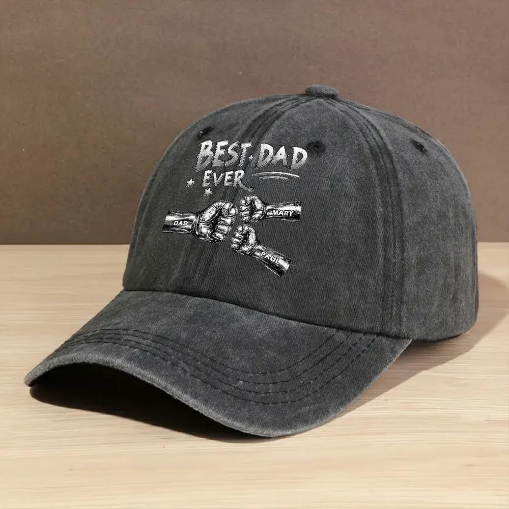 Personalized Washed Denim Baseball Cap, Best Dad Ever Fist Bump Design, Unique Vintage Look Gift for Dad