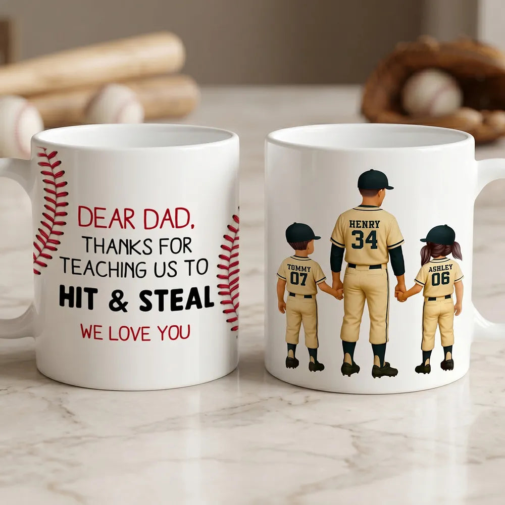 Personalized Ceramic Mug For Dad, Baseball Dad Holding Hands With Kids, Unique Father's Day Gift