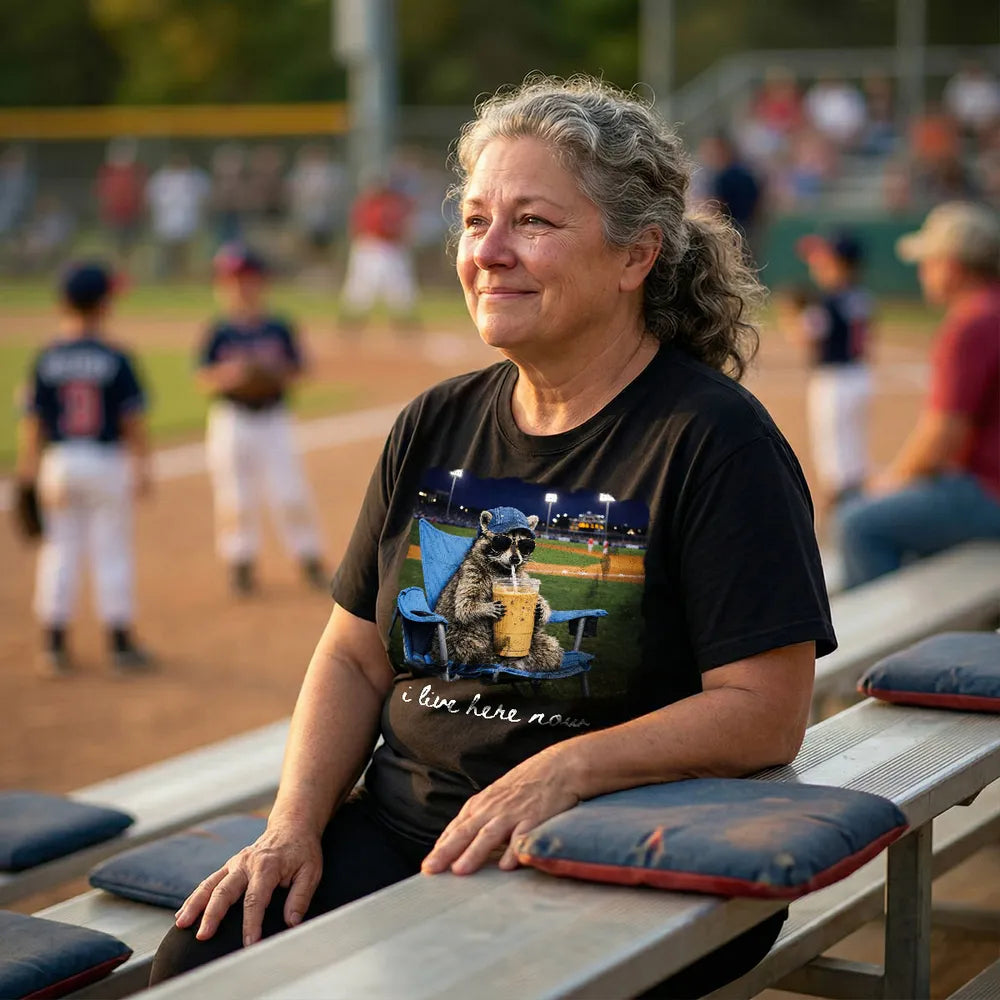 Personalized Dual Print Classic Tee with Raccoon on Ballfield 'I Live Here Now' - Unique Baseball Gift