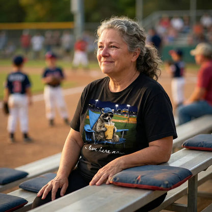 Personalized Dual Print Classic Tee with Raccoon on Ballfield 'I Live Here Now' - Unique Baseball Gift
