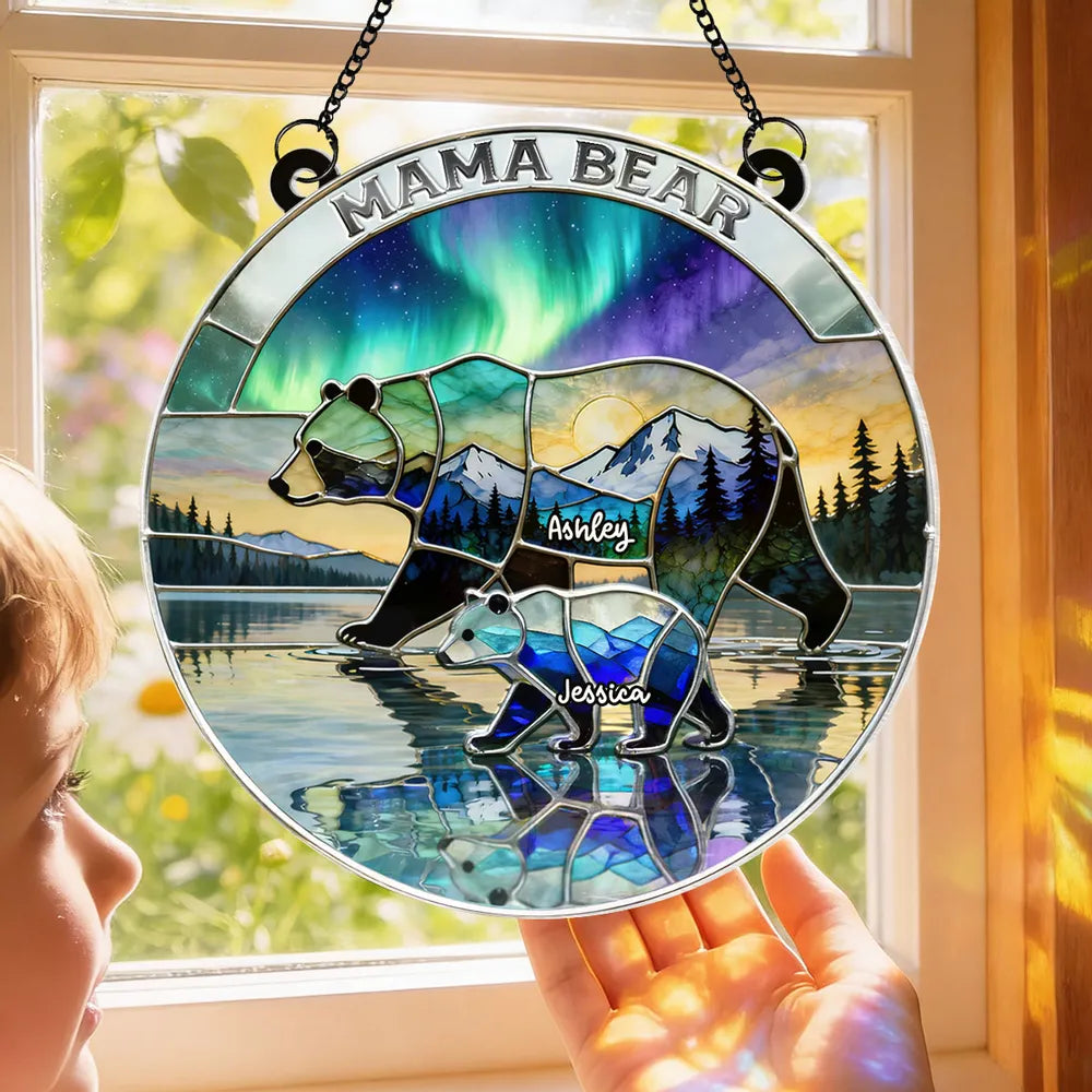 Acrylic Suncatcher Ornament with Stained Glass Style Bear Family Mountain Scene - Personalized Heartwarming Gift for Mom or Wife