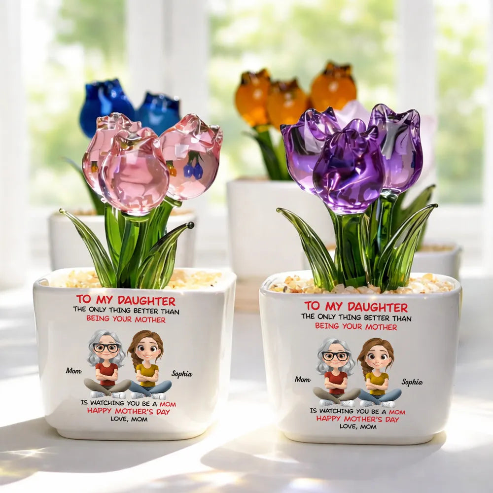 Personalized Square Glass Planter with Purple Tulips, Sitting Mother Daughter Cartoon, Unique Gift from Mom