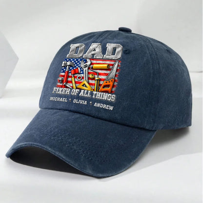Personalized Washed Denim Baseball Cap - Dad Fixer Of All Things Tool Flag Design, Unique Gift For Father