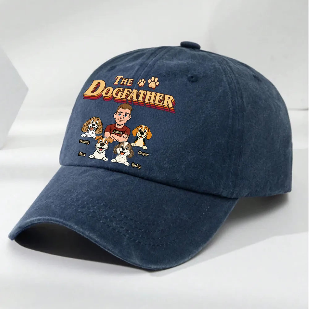 Personalized Washed Cotton Cap with Dog Dad Cartoon, Vintage The Dogfather Unique Gift for Dog Lovers