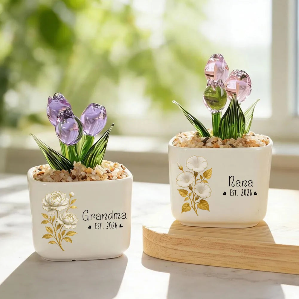 Personalized Square Glass Planter with Purple Tulips, Unique Creative Gift for Grandma, Floral Keepsake