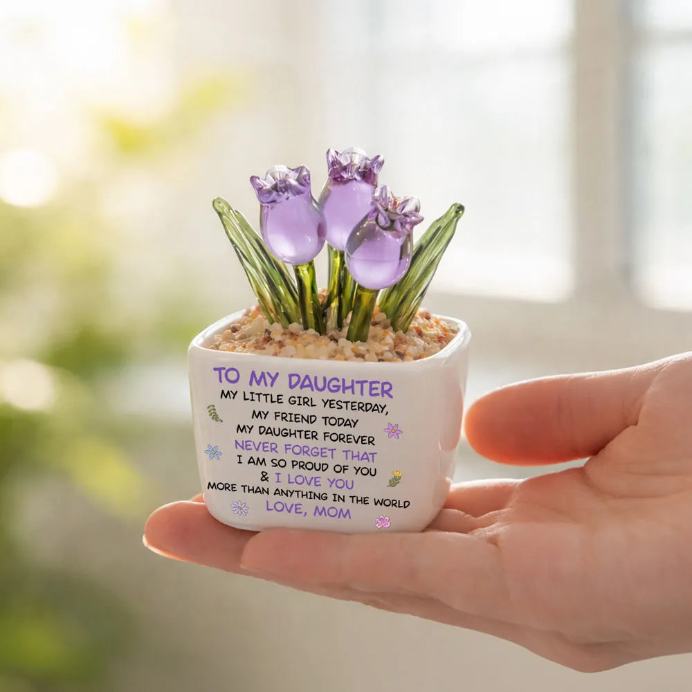 Personalized Square Glass Planter with Smiling Mom and Daughter Cartoon, Unique Gift for Daughter