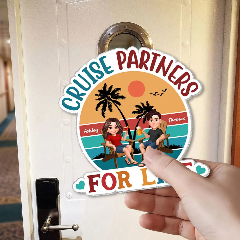 Personalized Acrylic Magnet Cruise Partners For Life Retro Sunset Couple Cruise Door Decor, Unique Gift for Couples