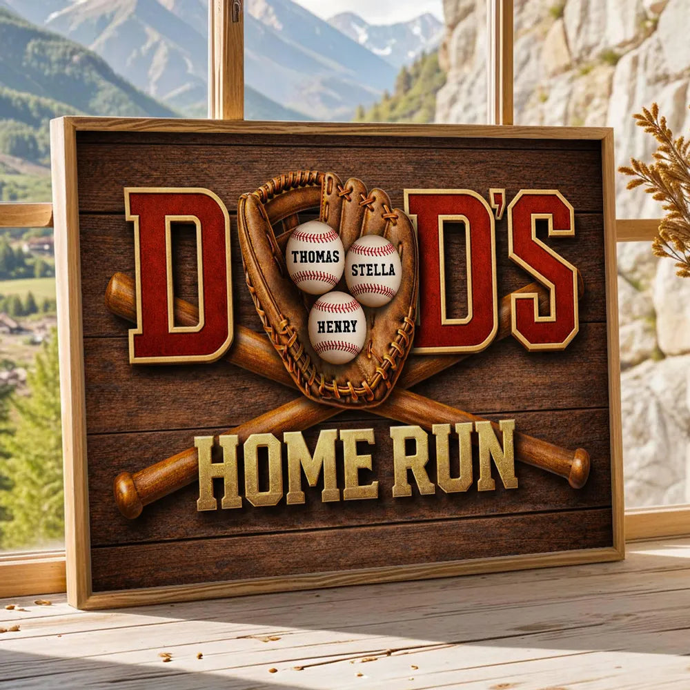 Home Run Dad Poster, Personalized Baseball Wall Art With Custom Names, Meaningful Gift for Dad's Office or Man Cave
