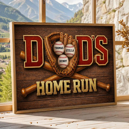 Home Run Dad Poster, Personalized Baseball Wall Art With Custom Names, Meaningful Gift for Dad's Office or Man Cave
