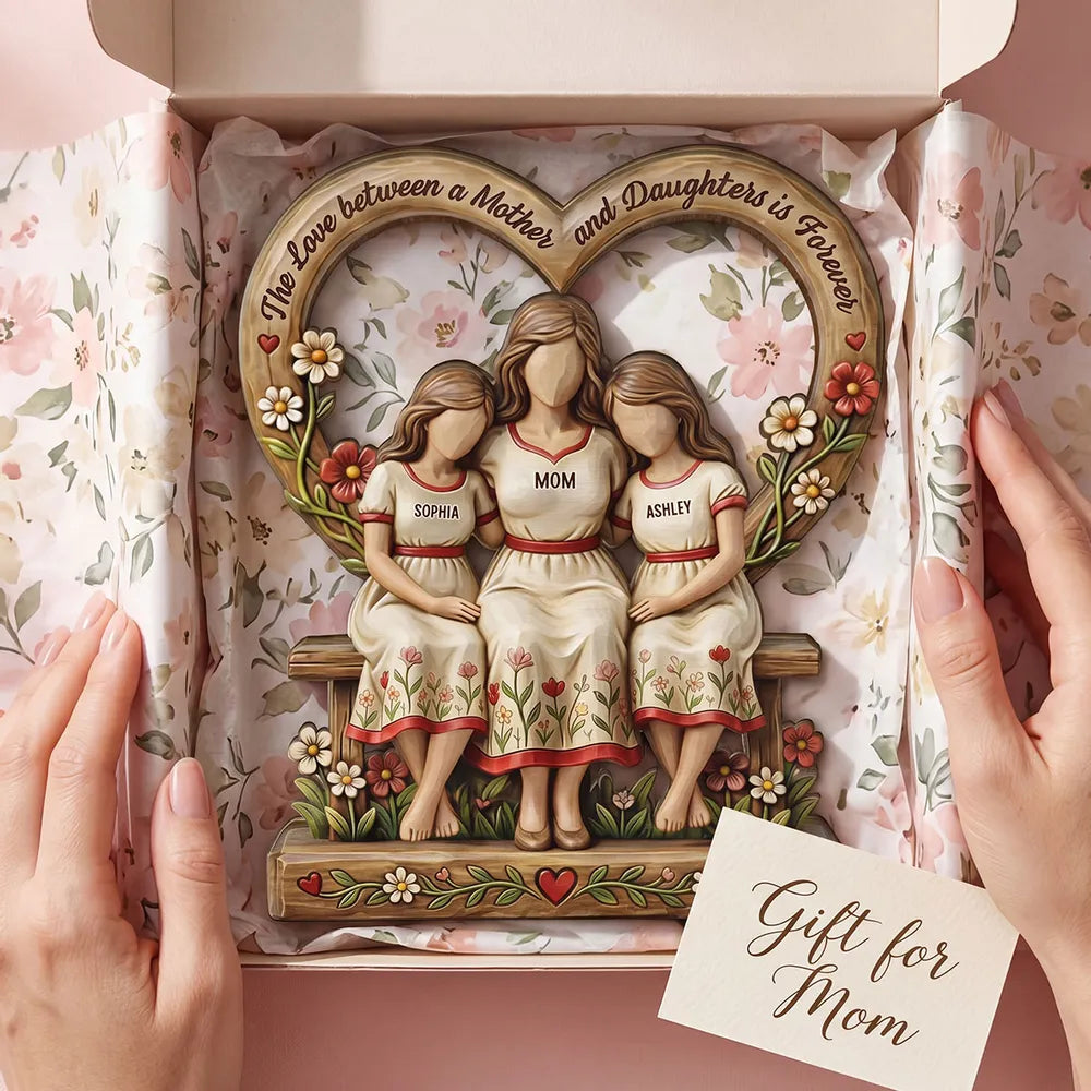 Personalized 2-Layer Wooden Plaque Mother and Daughters Sitting on Bench Heart Frame Family Keepsake - Unique Gift for Mom