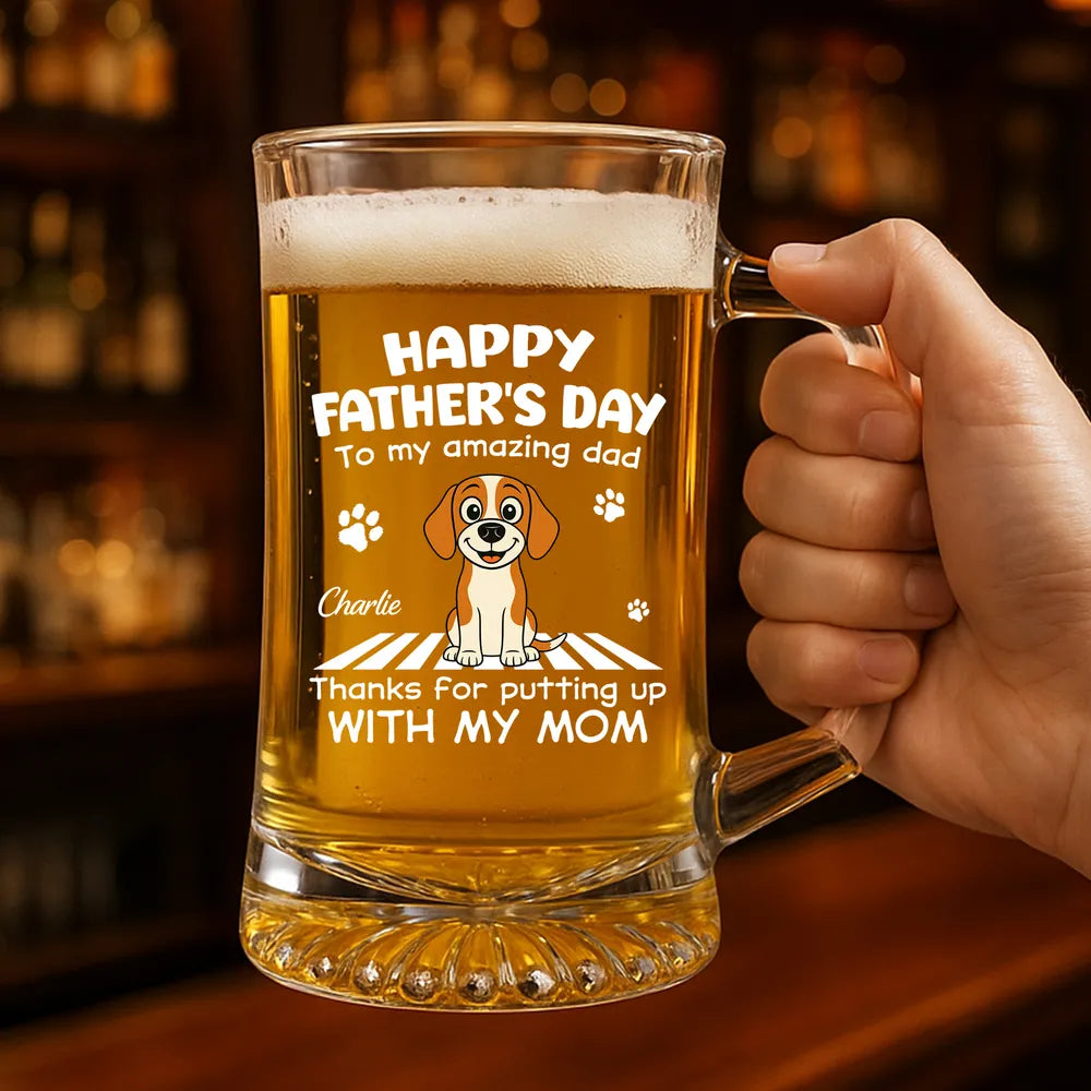 Personalized Handled Beer Glass With Funny Dog Art For Dad, Unique Father's Day Gift