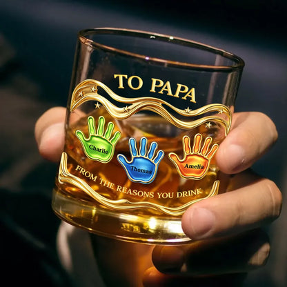 Personalized Whiskey Glass 'To Papa' From the Reasons You Drink, Handprint Design, Funny Unique Gift for Dad or Grandpa