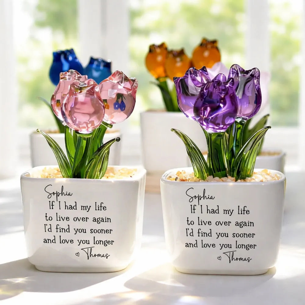 Personalized Square Glass Planter With Purple Tulips, Unique Creative Gift For Partner