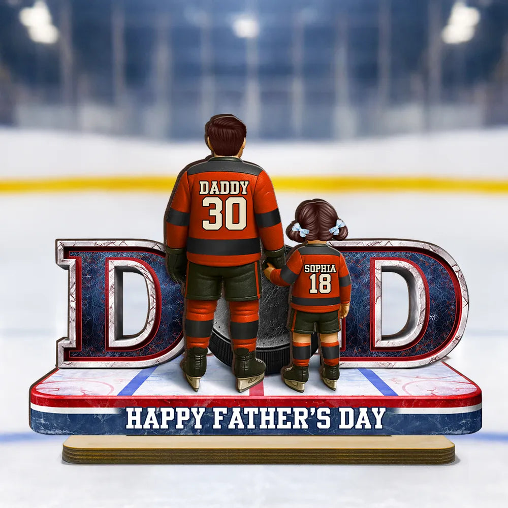Personalized 2-Layer Wooden Plaque with Hockey Dad and Kid Holding Hands on the Rink - Unique Father's Day Gift