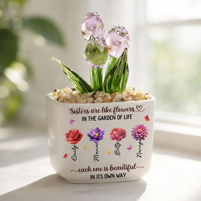 Square Glass Planter with Sisters Are Like Flowers Quote, Unique Creative Gift for Sister