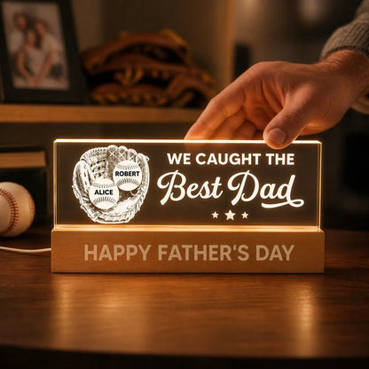 Personalized Block LED Light Plaque, Baseball Glove Best Dad Design, Warm Unique Gift for Dad