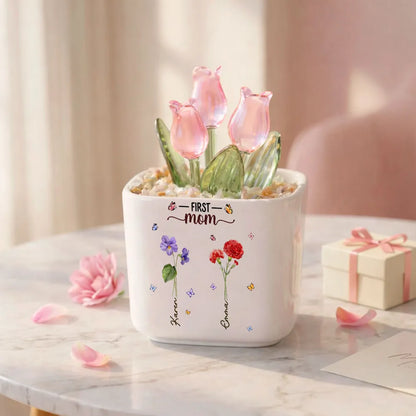 Personalized Square Glass Planter with Birth Month Tulips, Unique Creative Gift for Grandma