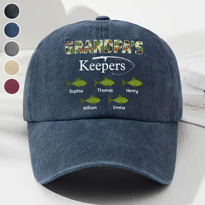 Washed Denim Baseball Cap with Grandpa's Keepers Fishing Design - Personalized Unique Gift for Grandpa He'll Wear