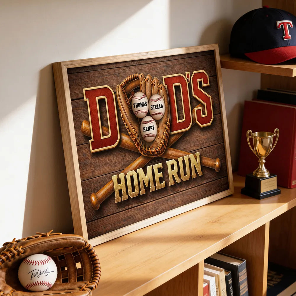Home Run Dad Poster, Personalized Baseball Wall Art With Custom Names, Meaningful Gift for Dad's Office or Man Cave