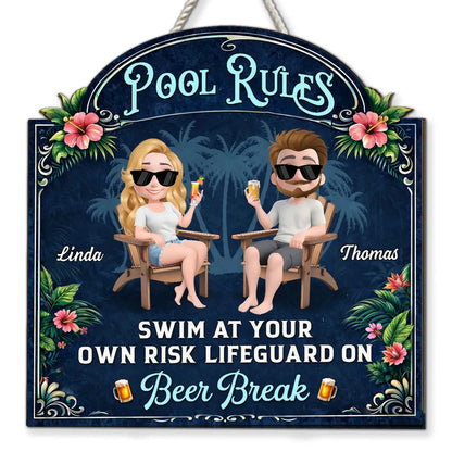 Personalized Wooden Sign With Seated Poolside Couple & Drinks, Unique Gift for Backyard Decor