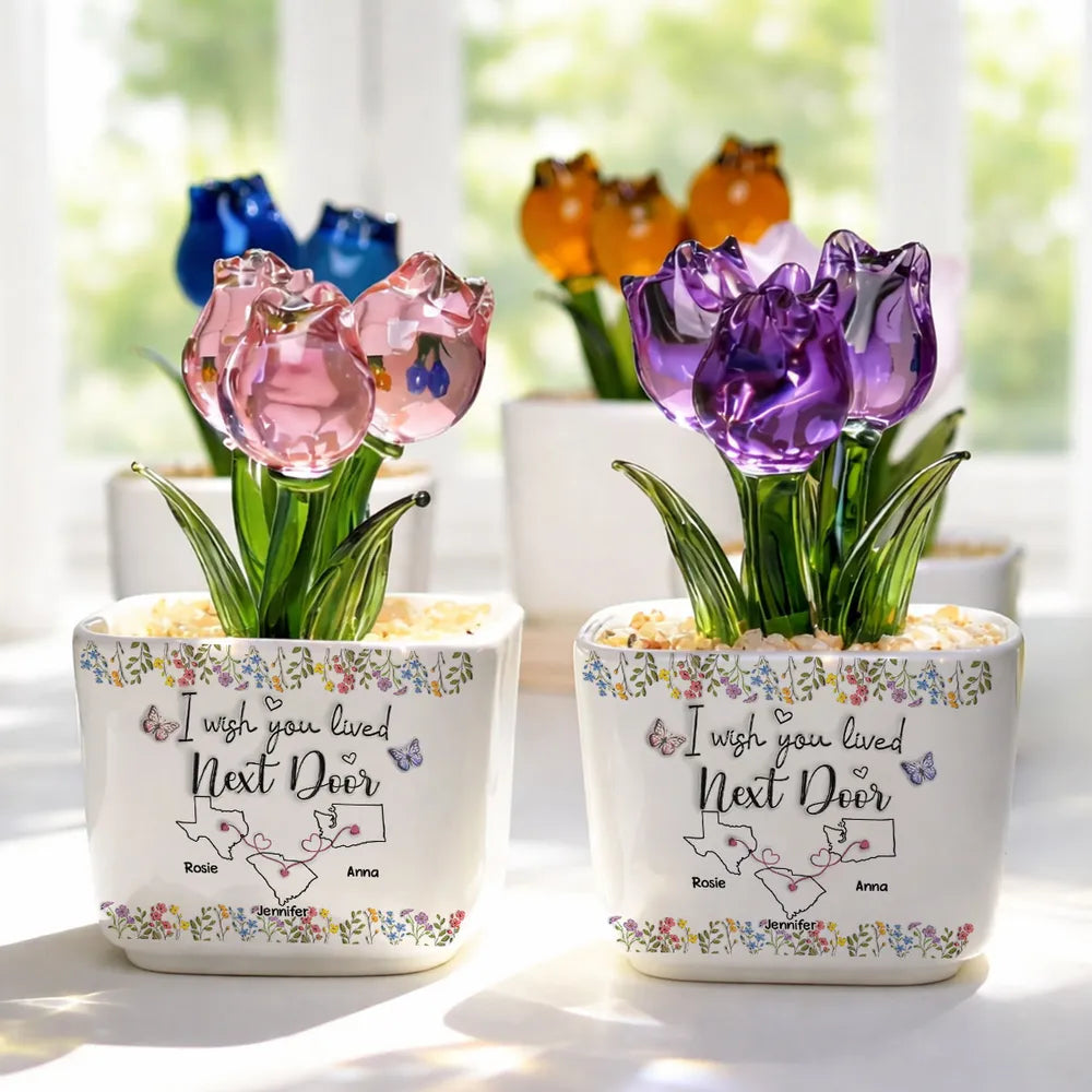 Personalized Square Glass Planter With Purple Tulips, I Wish We Lived Closer Unique Gift for Friend