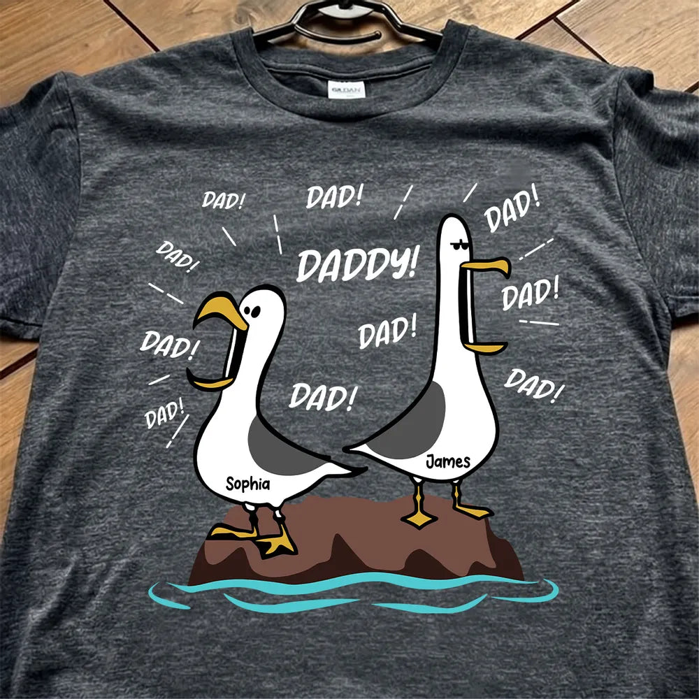 Classic Tee for Dad With Cartoon Seagulls and Daddy Text, Creative Father's Day Gift