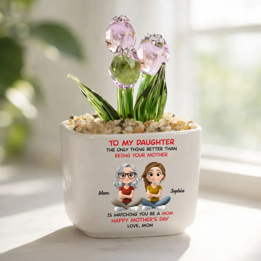 Personalized Square Glass Planter with Purple Tulips, Sitting Mother Daughter Cartoon, Unique Gift from Mom
