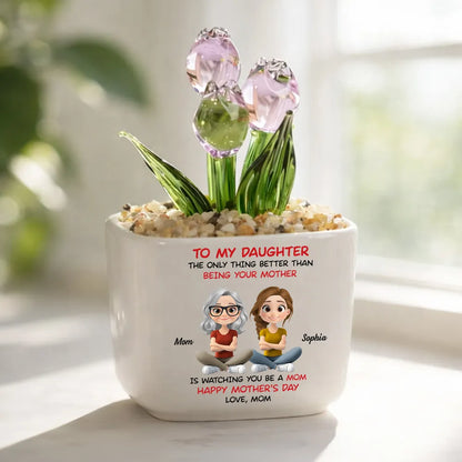 Personalized Square Glass Planter with Purple Tulips, Sitting Mother Daughter Cartoon, Unique Gift from Mom