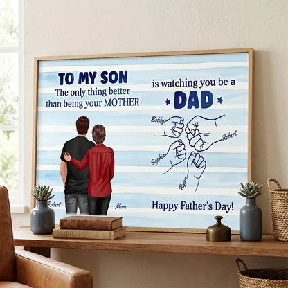 Personalized Father's Day Poster For Son, Blue Stripe Mom & Son Wall Art, Unique Gift For Dad