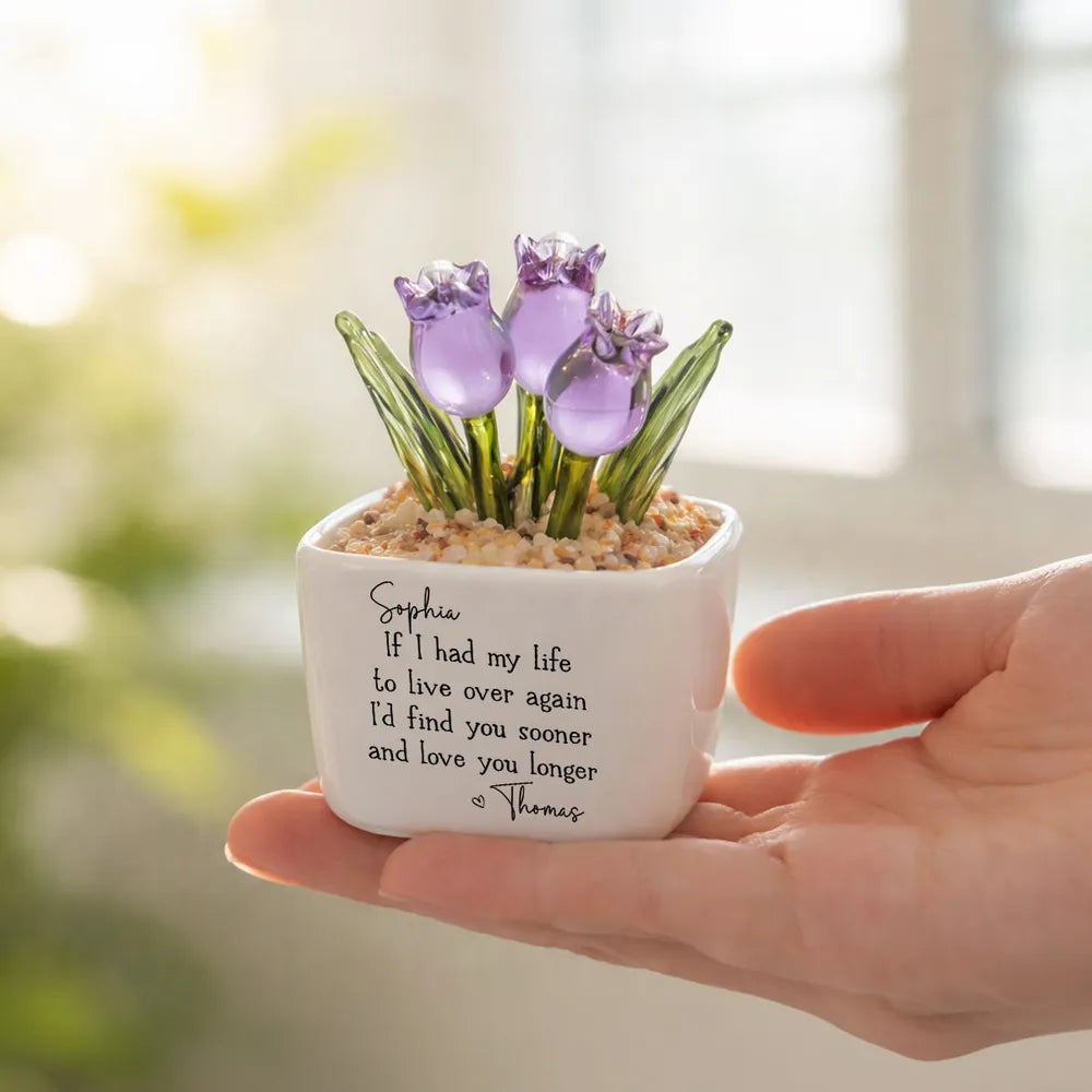 Personalized Square Glass Planter With Purple Tulips, Unique Creative Gift For Partner