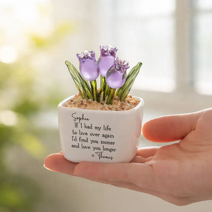Personalized Square Glass Planter With Purple Tulips, Unique Creative Gift For Partner