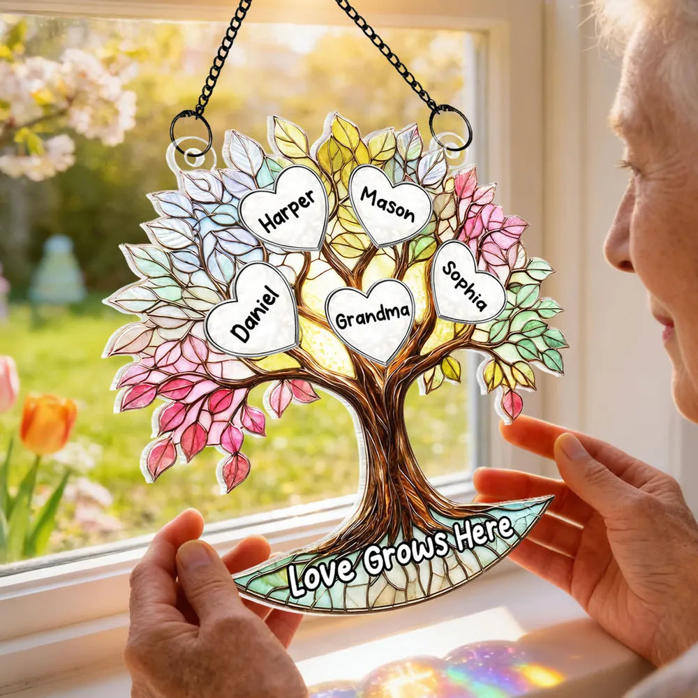 Personalized Acrylic Suncatcher Ornament Grandma Tree of Life with Heart Names for Window Decor, Unique Mother's Day Gift