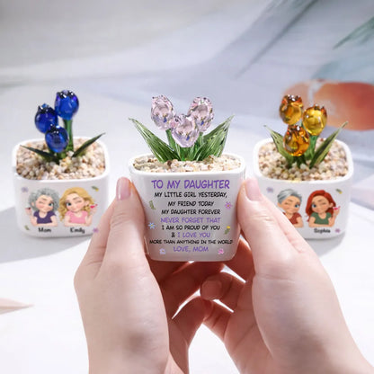 Personalized Square Glass Planter with Smiling Mom and Daughter Cartoon, Unique Gift for Daughter