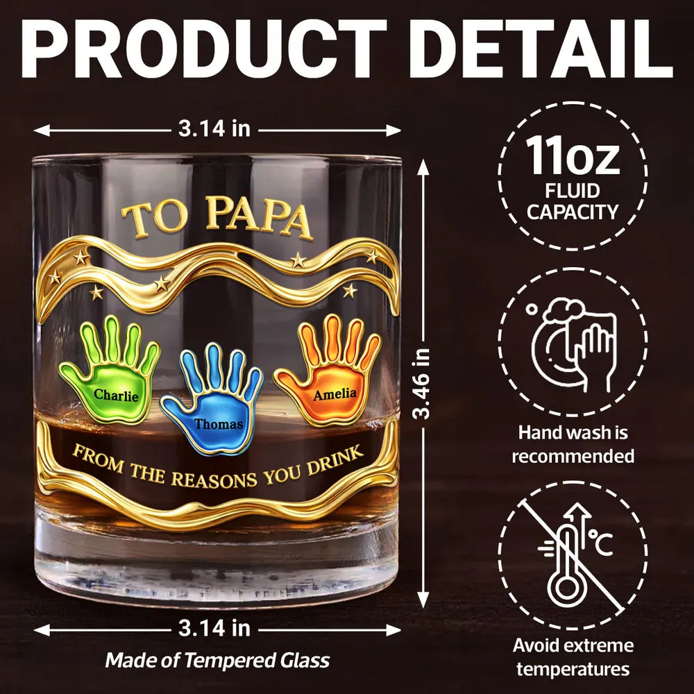 Personalized Whiskey Glass 'To Papa' From the Reasons You Drink, Handprint Design, Funny Unique Gift for Dad or Grandpa