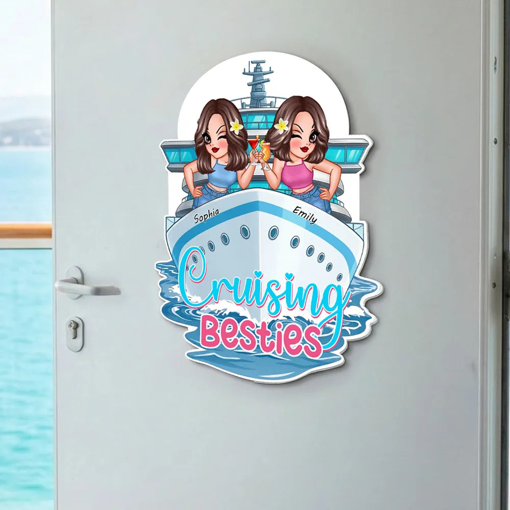 Personalized Cruising Besties Acrylic Magnet, Cute Friends on Cruise Ship Door Decor, Unique Girls Trip Gift