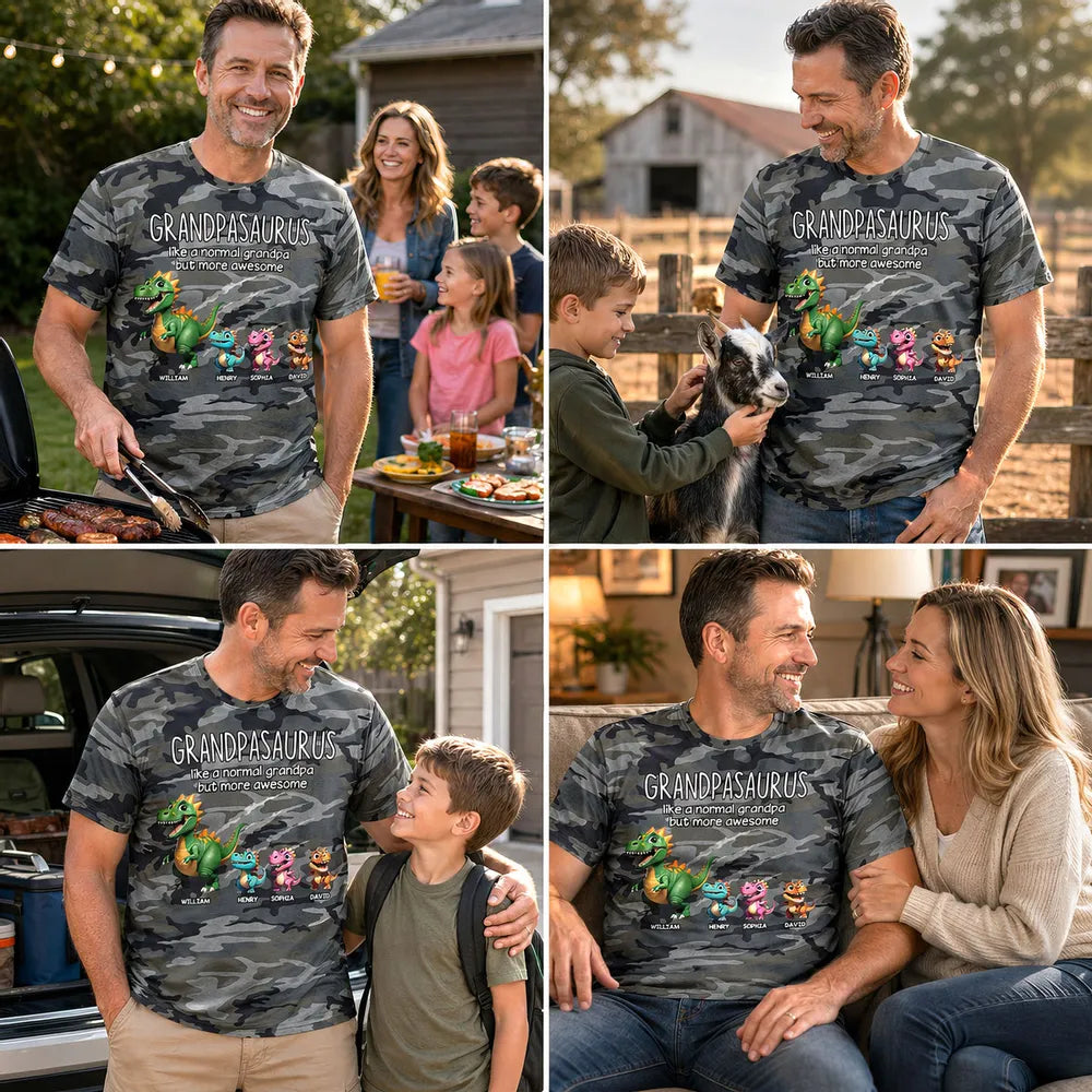 Personalized Printed Classic Tee, Grandpasaurus Camo Dinosaur Design, Unique Father's Day Gift for Grandpa