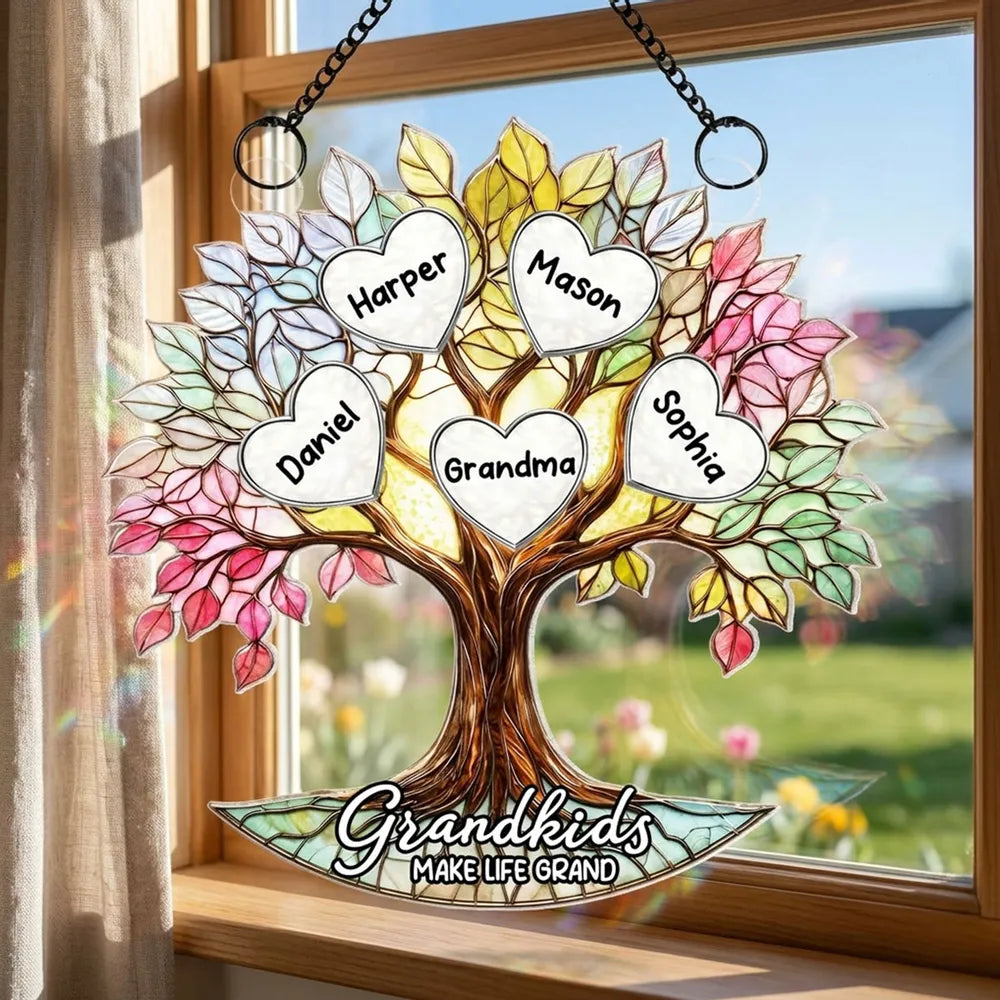 Personalized Acrylic Suncatcher Ornament Grandma Tree of Life with Heart Names for Window Decor, Unique Mother's Day Gift