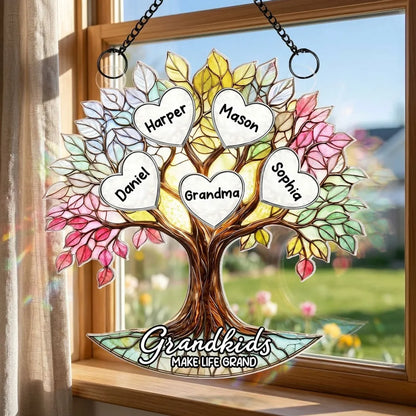 Personalized Acrylic Suncatcher Ornament Grandma Tree of Life with Heart Names for Window Decor, Unique Mother's Day Gift