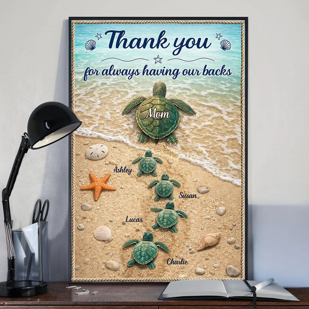 Personalized Turtle Family Beach Poster Thank You for Always Having Our Backs Unique Mother's Day Gift for Mom