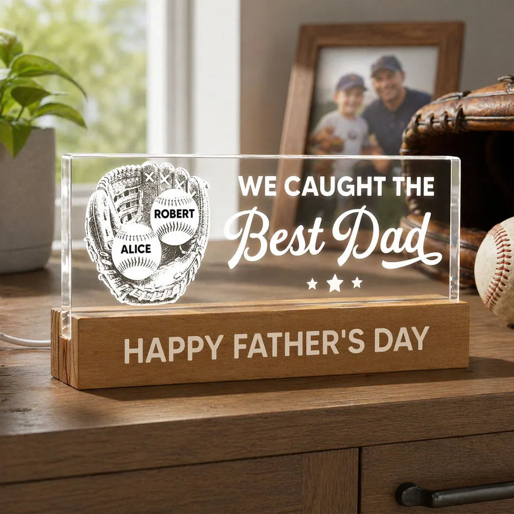 Personalized Block LED Light Plaque, Baseball Glove Best Dad Design, Warm Unique Gift for Dad
