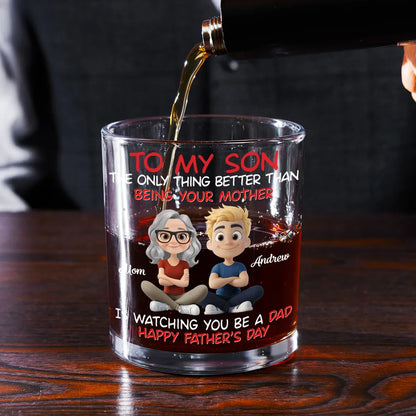 Watching My Son Be a Dad Whiskey Glass, Personalized Unique Gift from Mom with Cute Cartoon Art