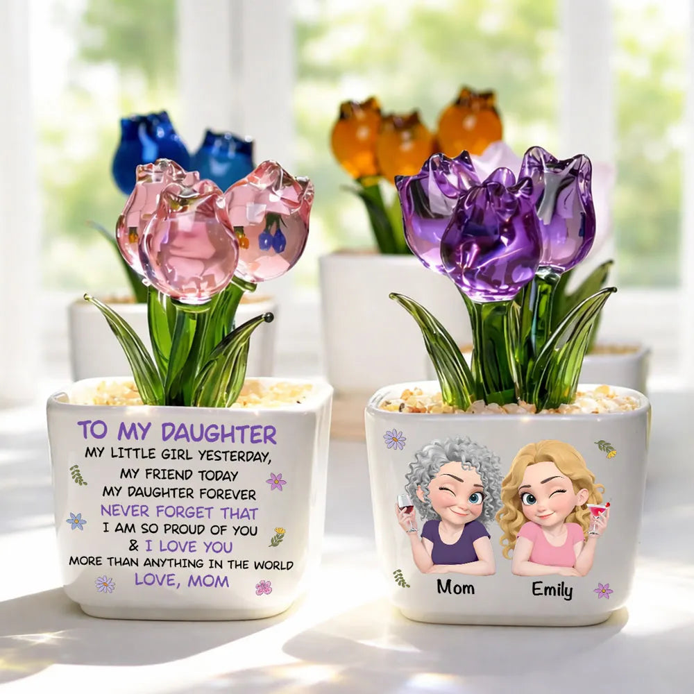 Personalized Square Glass Planter with Smiling Mom and Daughter Cartoon, Unique Gift for Daughter