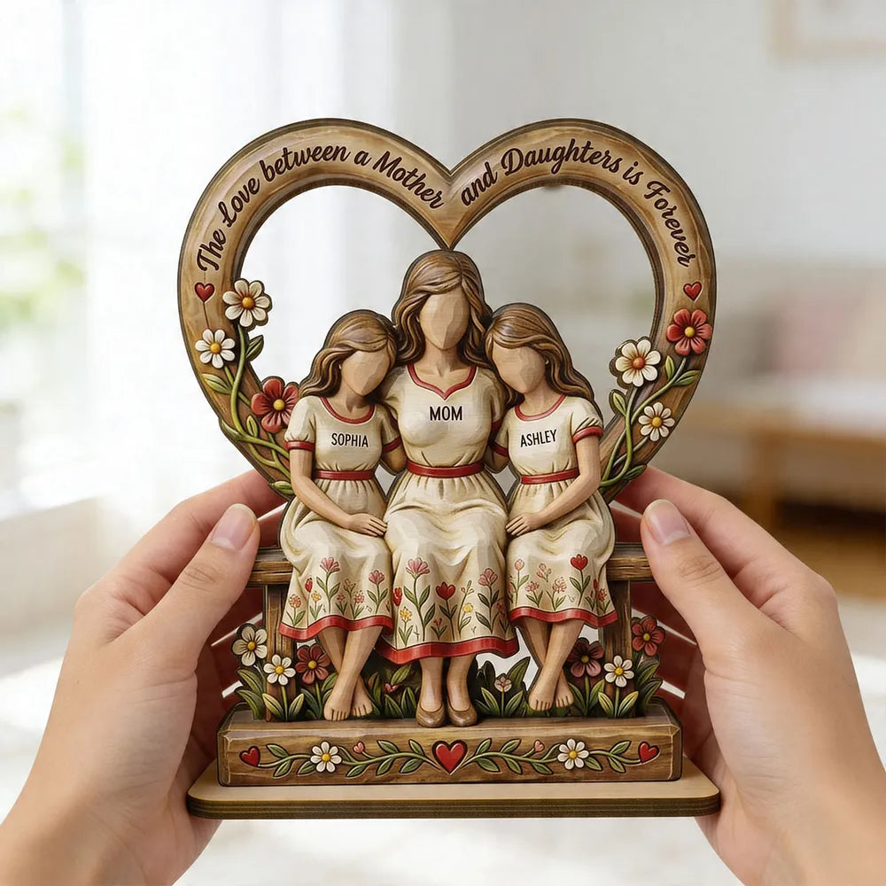 Personalized 2-Layer Wooden Plaque Mother and Daughters Sitting on Bench Heart Frame Family Keepsake - Unique Gift for Mom