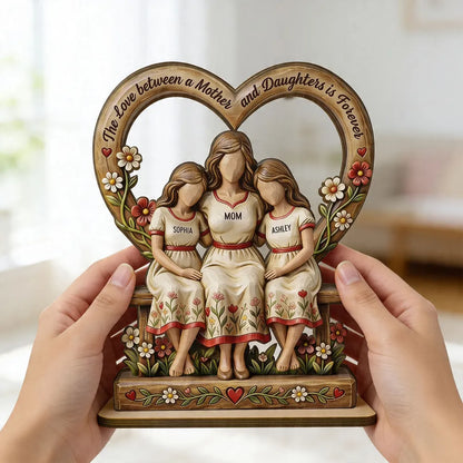 Personalized 2-Layer Wooden Plaque Mother and Daughters Sitting on Bench Heart Frame Family Keepsake - Unique Gift for Mom