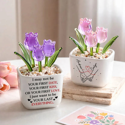 Custom Square Glass Planter with Pink Tulips, Romantic Couple Keepsake, Creative Gift for Wife or Husband
